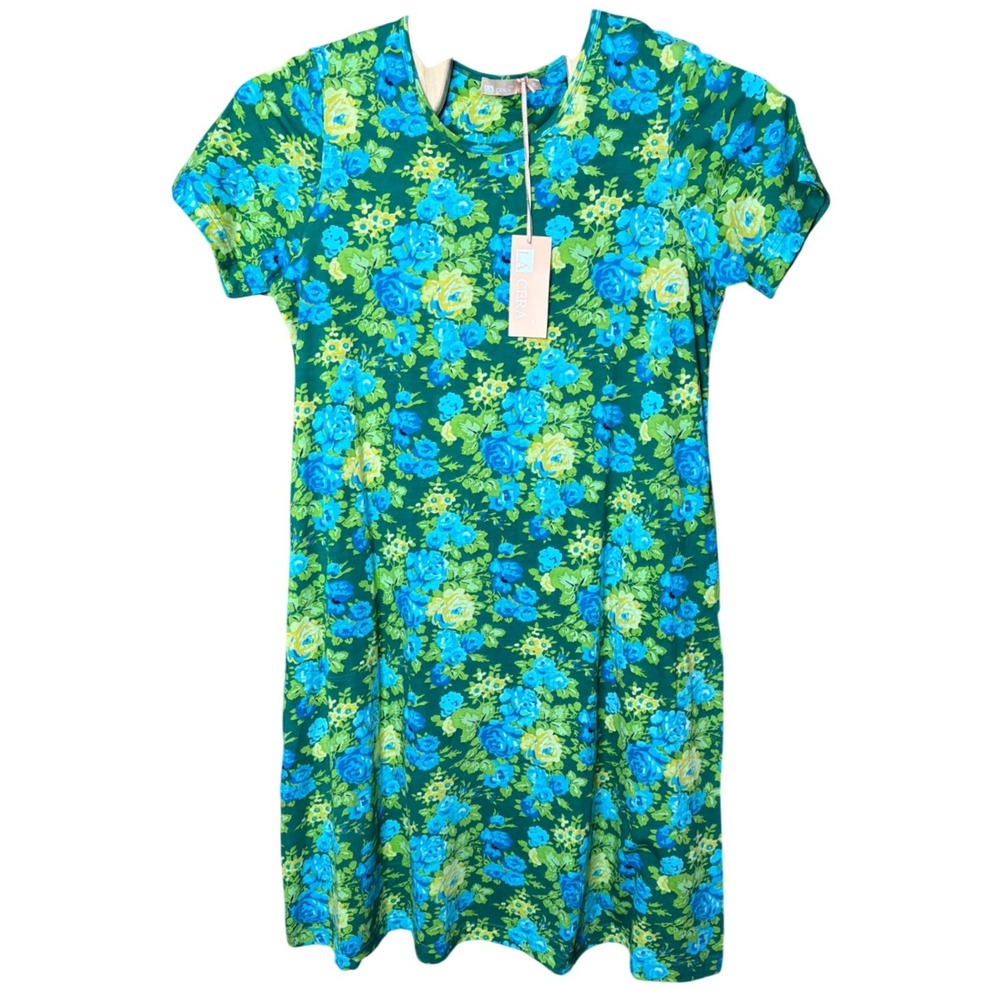 La Cera Dress Womens XL 2523 Teal Turq Floral Cotton Short Sleeve NEW